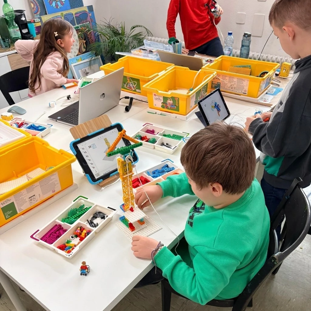 Kind arbeitet mit Lego und Tablet im Sommerferien-Workshop