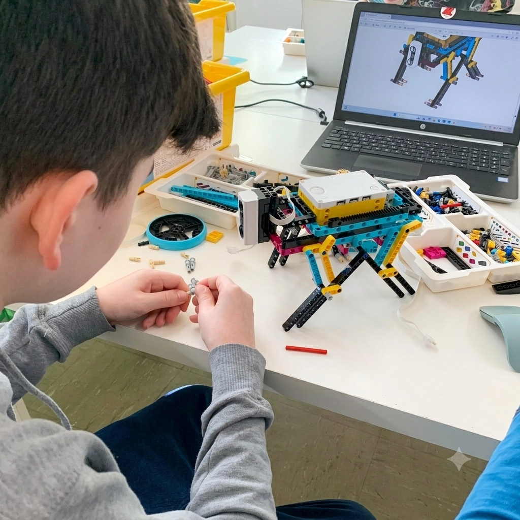 Ребёнок программирует LEGO-робота на летнем мастер-классе возле Бадена